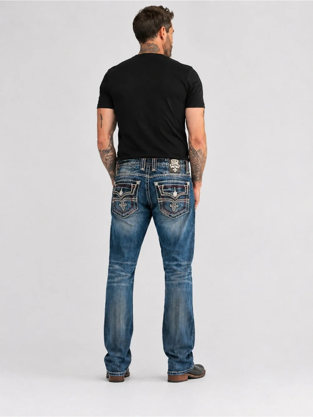 Rock Revival Men’s Straight Cut Jeans Distressed Embroidered Blue Denim W33/L32